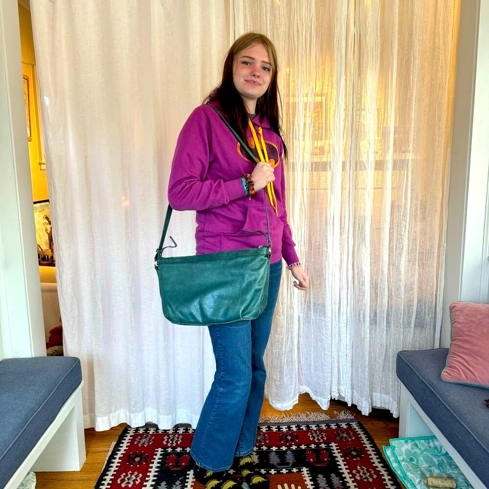 Vintage Furla Green Leather Convertible Tote Bag